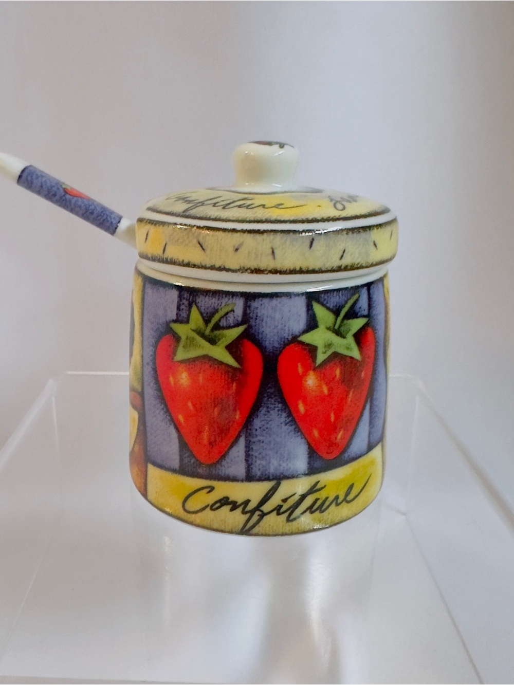 Porcelain Jam Jelly Jar with Lid and Spoon MSC Joie Oe Vivre Vivid Colors